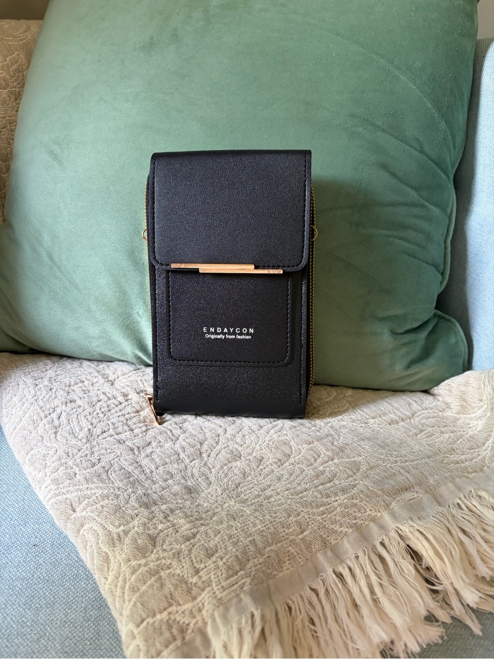 ENDAYCON Black Crossbody Phone Bag with Gold Accent